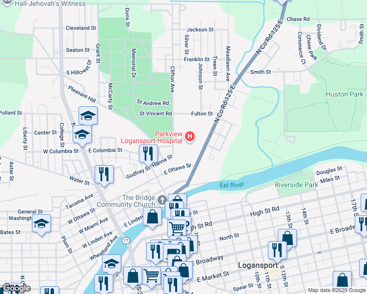map of restaurants, bars, coffee shops, grocery stores, and more near 1015 Michigan Avenue in Logansport