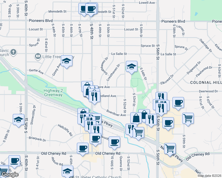 map of restaurants, bars, coffee shops, grocery stores, and more near 5011 Claire Avenue in Lincoln