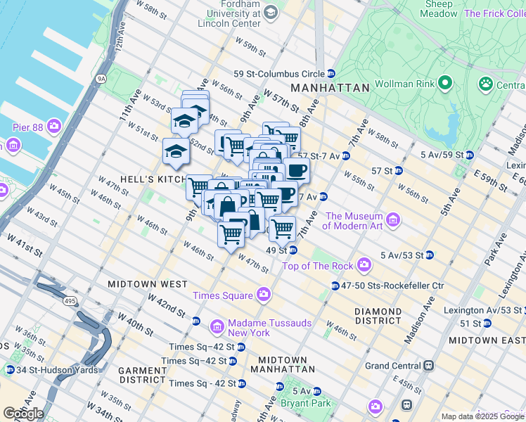 map of restaurants, bars, coffee shops, grocery stores, and more near 251 West 50th Street in New York