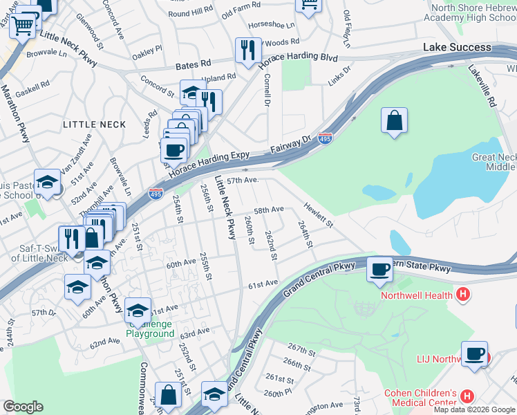 map of restaurants, bars, coffee shops, grocery stores, and more near 57-43 260th Street in Queens
