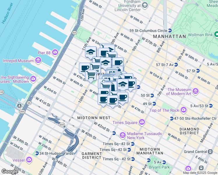 map of restaurants, bars, coffee shops, grocery stores, and more near in New York