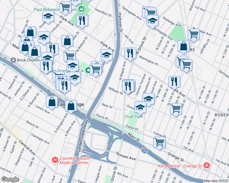 map of restaurants, bars, coffee shops, grocery stores, and more near 238 William Street in East Orange