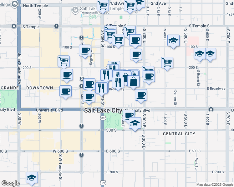 map of restaurants, bars, coffee shops, grocery stores, and more near 160 East 300 South in Salt Lake City
