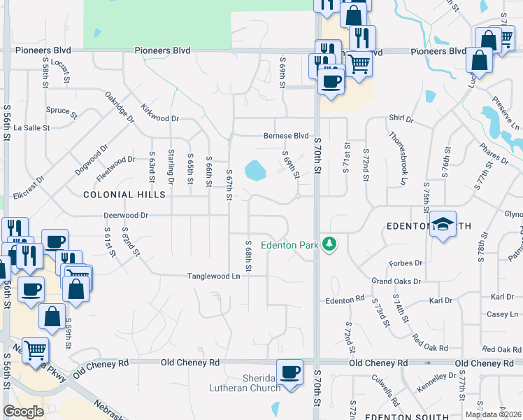 map of restaurants, bars, coffee shops, grocery stores, and more near 5112 Bison Drive in Lincoln