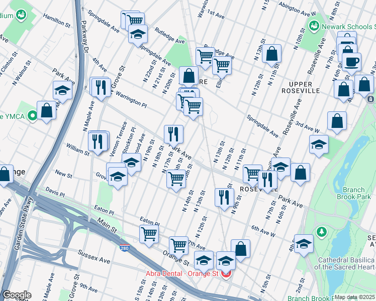 map of restaurants, bars, coffee shops, grocery stores, and more near 66 Park Avenue in East Orange