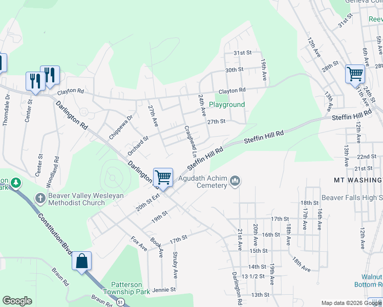 map of restaurants, bars, coffee shops, grocery stores, and more near 2501 Craighead Lane in Beaver Falls