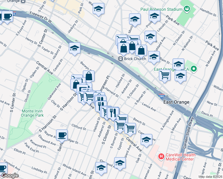 map of restaurants, bars, coffee shops, grocery stores, and more near 115 Halsted Street in East Orange