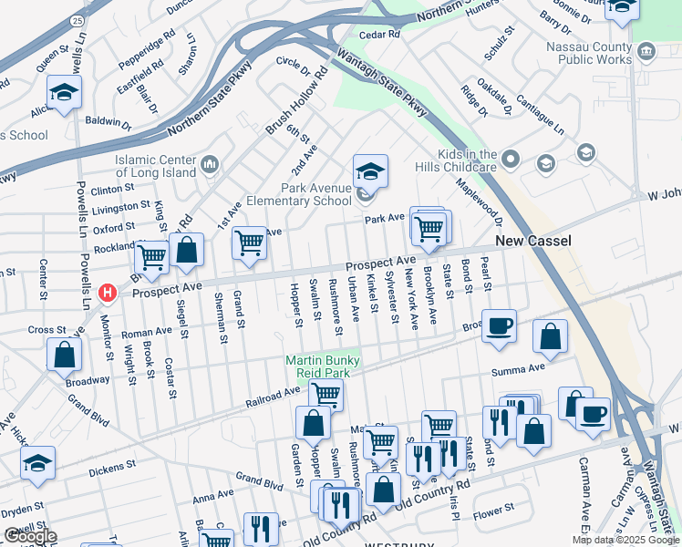 map of restaurants, bars, coffee shops, grocery stores, and more near 916 Prospect Avenue in Westbury