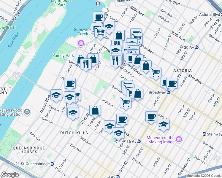 map of restaurants, bars, coffee shops, grocery stores, and more near 34-03 21st Street in Queens