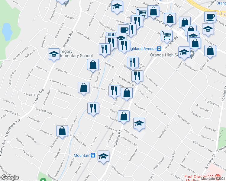 map of restaurants, bars, coffee shops, grocery stores, and more near 589 Tremont Avenue in City of Orange
