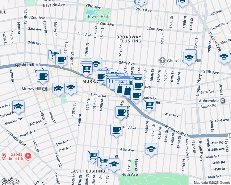 map of restaurants, bars, coffee shops, grocery stores, and more near 160-38 Northern Boulevard in Queens