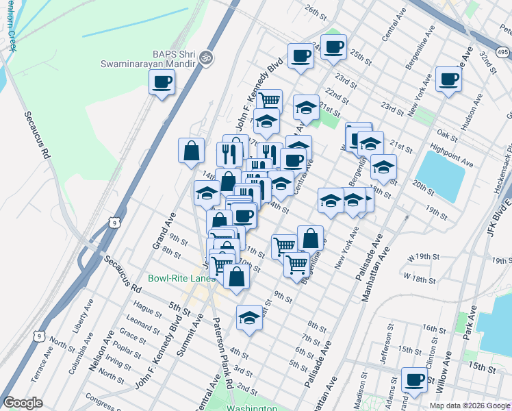 map of restaurants, bars, coffee shops, grocery stores, and more near 1311 Summit Avenue in Union City