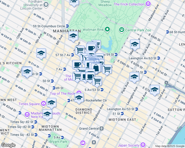 map of restaurants, bars, coffee shops, grocery stores, and more near 48 West 55th Street in New York