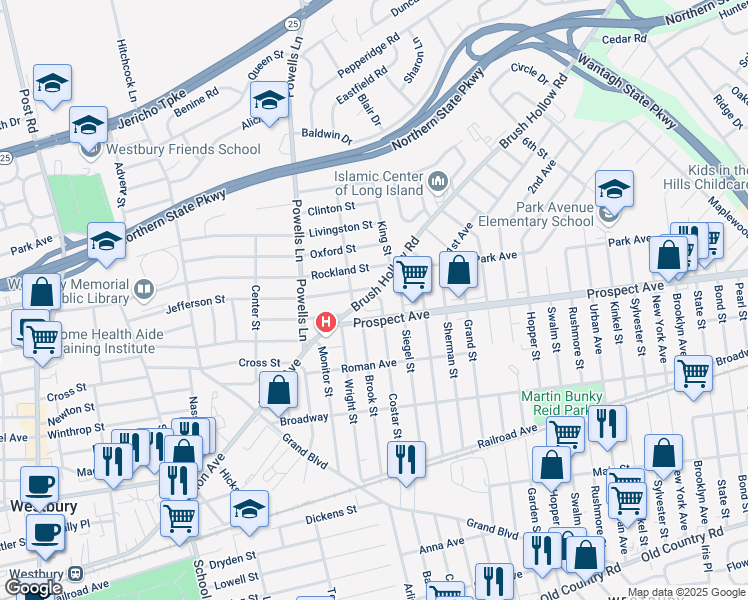 map of restaurants, bars, coffee shops, grocery stores, and more near 736 Brush Hollow Road in Westbury