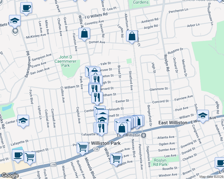 map of restaurants, bars, coffee shops, grocery stores, and more near 66 Harvard Street in Williston Park