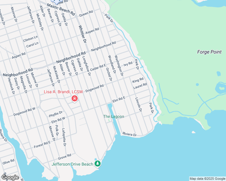 map of restaurants, bars, coffee shops, grocery stores, and more near 62 Orchid Drive in Mastic Beach