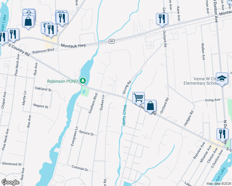 map of restaurants, bars, coffee shops, grocery stores, and more near 367 South Country Road in East Patchogue
