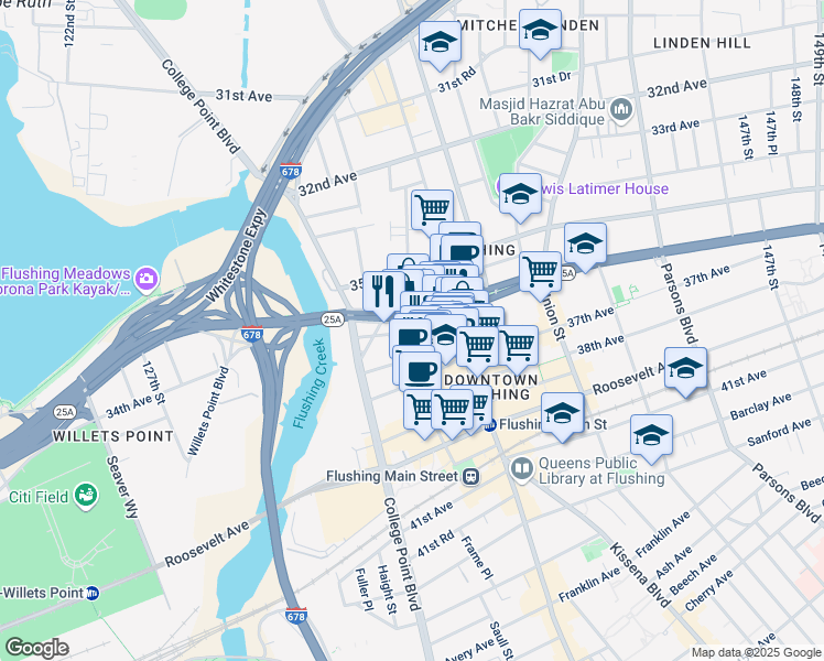 map of restaurants, bars, coffee shops, grocery stores, and more near Prince Street in Queens