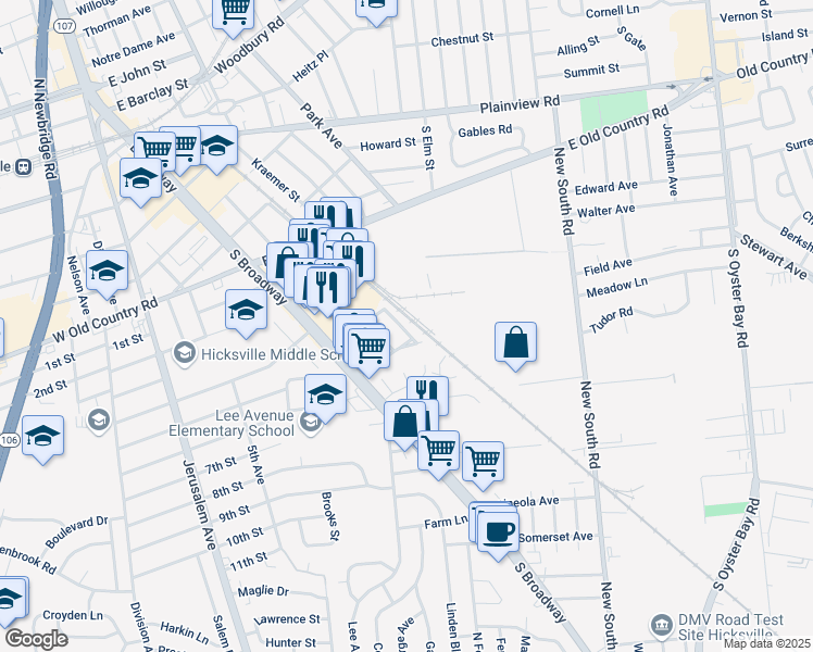 map of restaurants, bars, coffee shops, grocery stores, and more near 5 Lawnside Drive in Hicksville