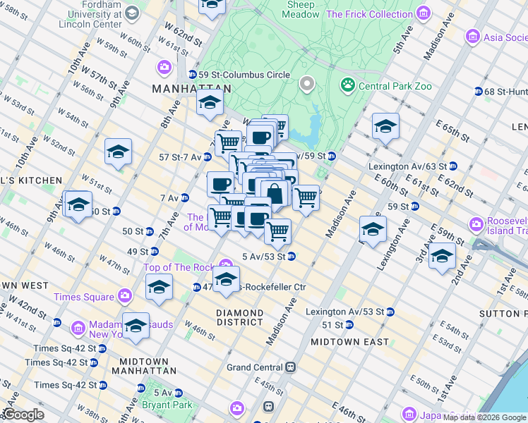 map of restaurants, bars, coffee shops, grocery stores, and more near 48 West 55th Street in New York