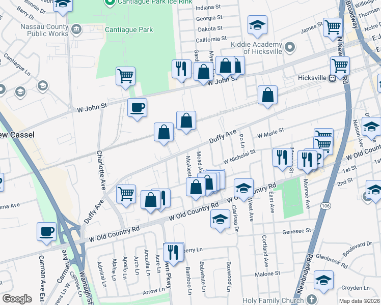 map of restaurants, bars, coffee shops, grocery stores, and more near 29 McAlester Avenue in Hicksville