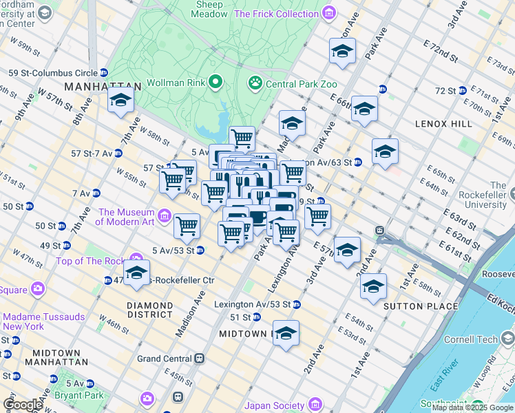 map of restaurants, bars, coffee shops, grocery stores, and more near 592 Madison Avenue in New York