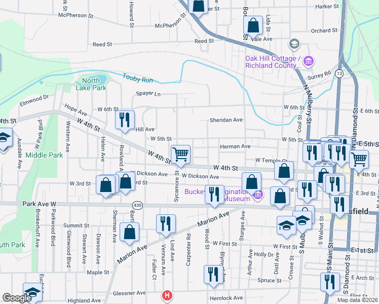 map of restaurants, bars, coffee shops, grocery stores, and more near 136 Washington Avenue in Mansfield