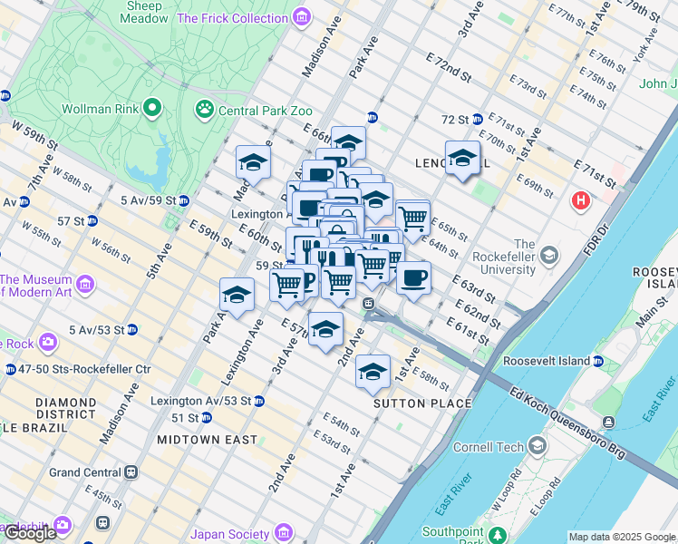 map of restaurants, bars, coffee shops, grocery stores, and more near 210A East 61st Street in New York