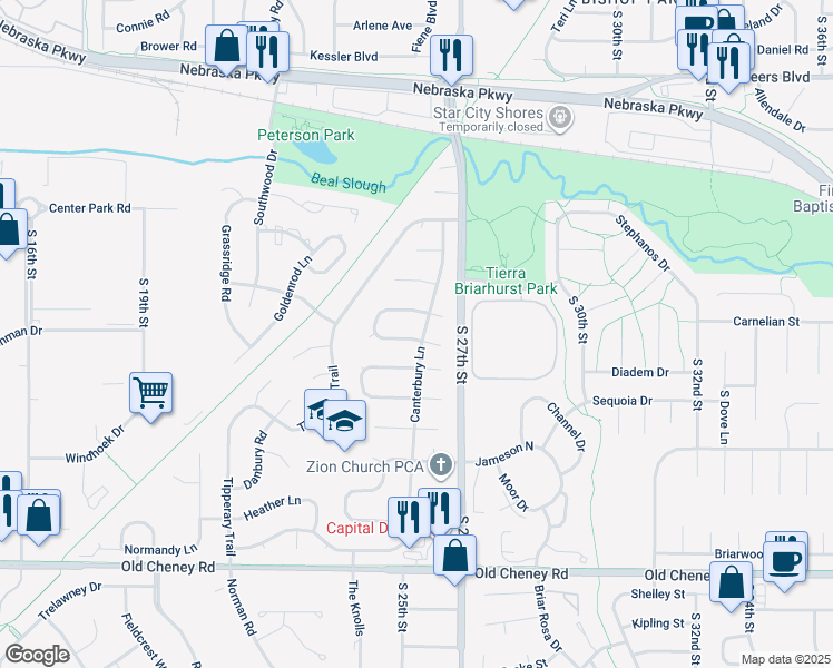 map of restaurants, bars, coffee shops, grocery stores, and more near 2540 Cheshire South in Lincoln