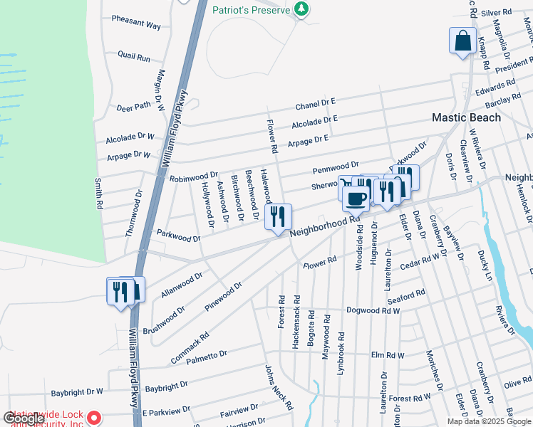 map of restaurants, bars, coffee shops, grocery stores, and more near 4 Halewood Dr in Shirley