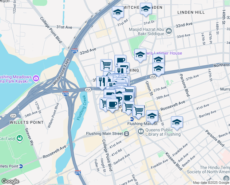 map of restaurants, bars, coffee shops, grocery stores, and more near 13502 Northern Boulevard in Queens