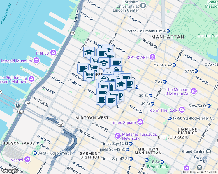 map of restaurants, bars, coffee shops, grocery stores, and more near 401-499 West 48th Street in New York