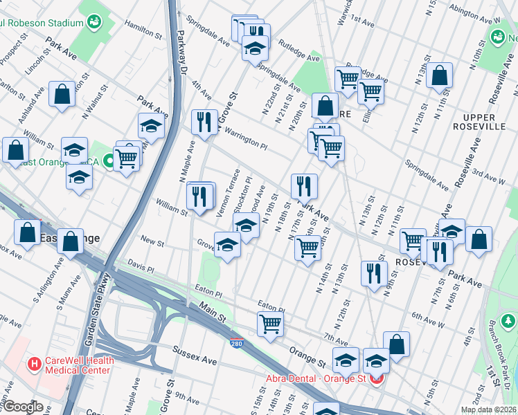 map of restaurants, bars, coffee shops, grocery stores, and more near 172 Greenwood Avenue in East Orange