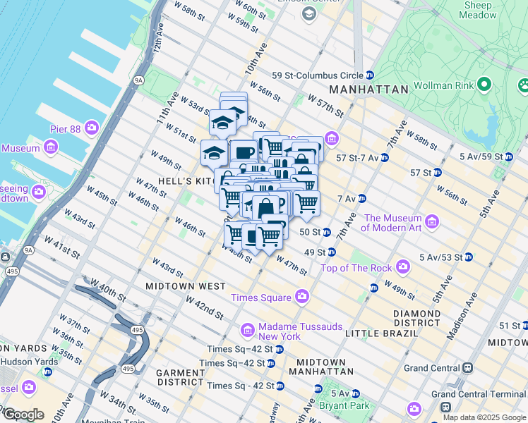 map of restaurants, bars, coffee shops, grocery stores, and more near 343 West 49th Street in New York