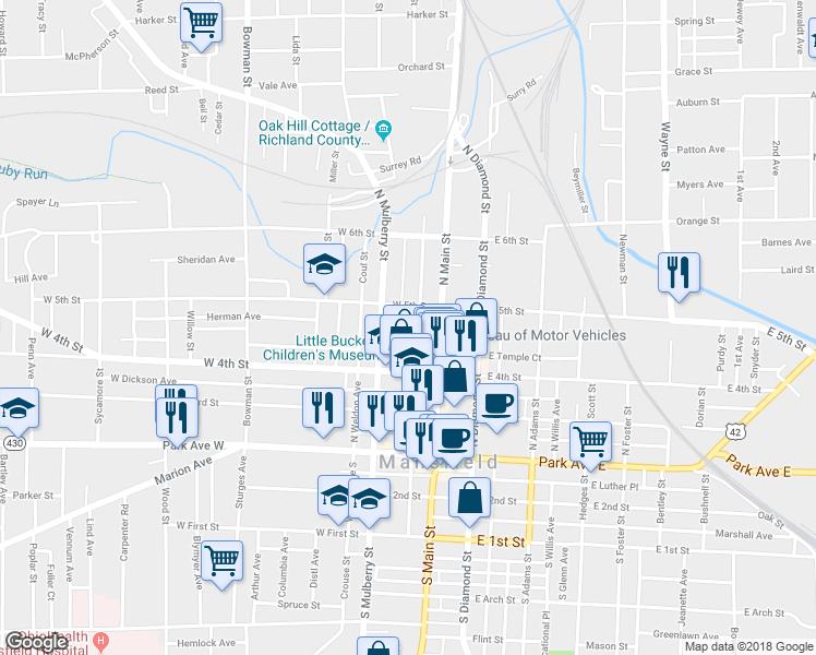 map of restaurants, bars, coffee shops, grocery stores, and more near 141 North Walnut Street in Mansfield