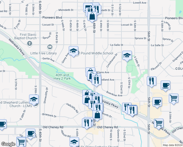 map of restaurants, bars, coffee shops, grocery stores, and more near 4741 Claire Avenue in Lincoln