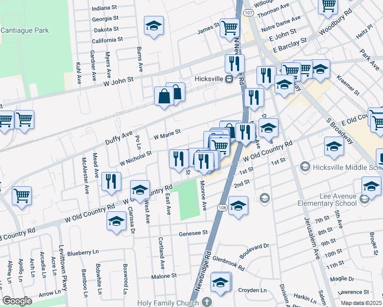 map of restaurants, bars, coffee shops, grocery stores, and more near 83 Morgan Street in Hicksville
