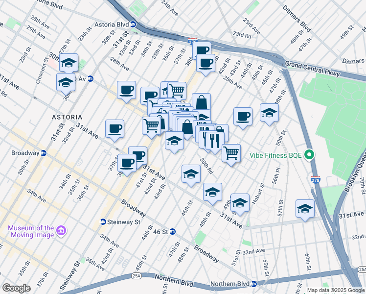 map of restaurants, bars, coffee shops, grocery stores, and more near 30-18 43rd Street in Queens