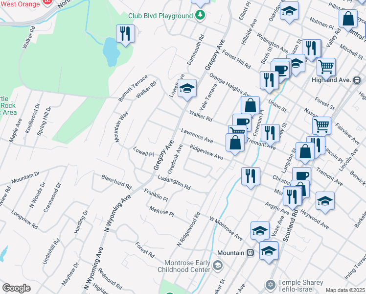 map of restaurants, bars, coffee shops, grocery stores, and more near 33 Overlook Avenue in West Orange