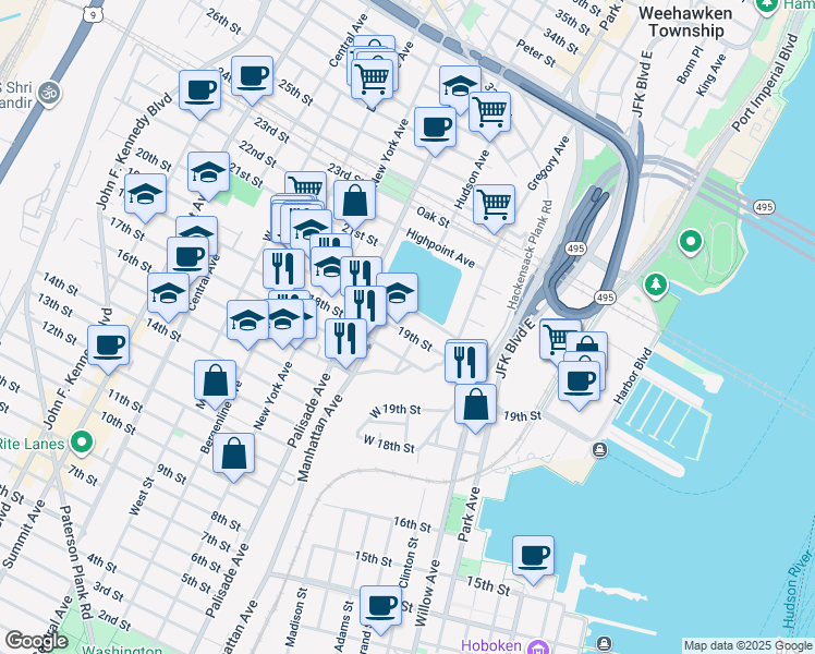 map of restaurants, bars, coffee shops, grocery stores, and more near 184 19th Street in Union City