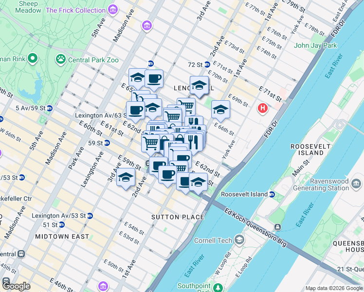 map of restaurants, bars, coffee shops, grocery stores, and more near 316 East 63rd Street in New York
