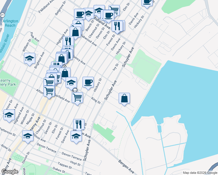 map of restaurants, bars, coffee shops, grocery stores, and more near 238 Ivy Street in Kearny