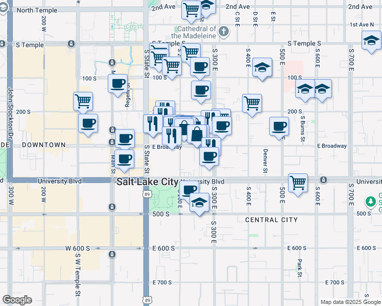 map of restaurants, bars, coffee shops, grocery stores, and more near 230 East Broadway in Salt Lake City