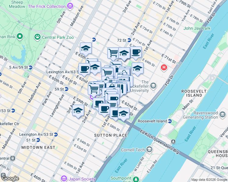 map of restaurants, bars, coffee shops, grocery stores, and more near 353 East 63rd Street in New York