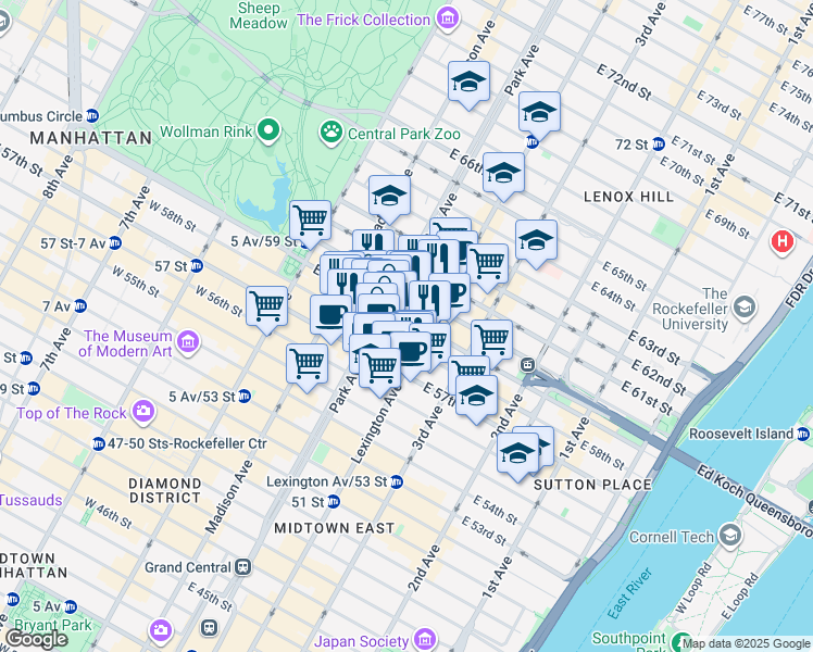 map of restaurants, bars, coffee shops, grocery stores, and more near in New York