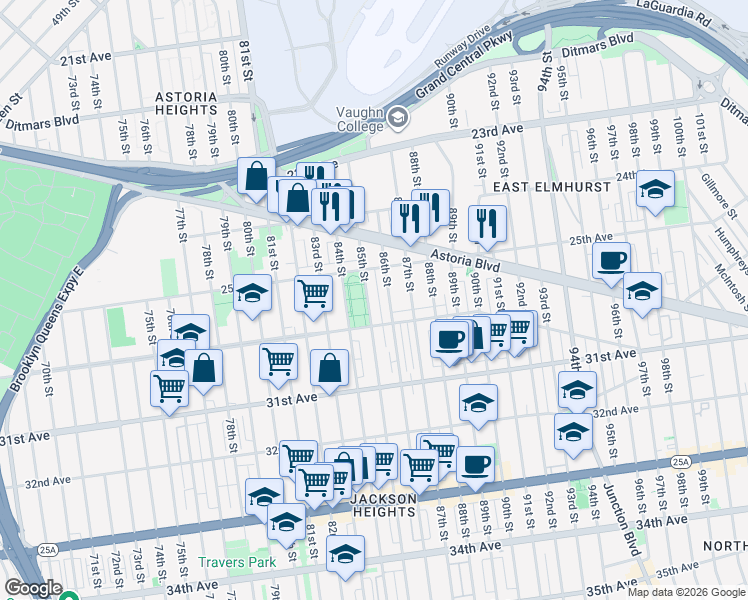 map of restaurants, bars, coffee shops, grocery stores, and more near in Queens