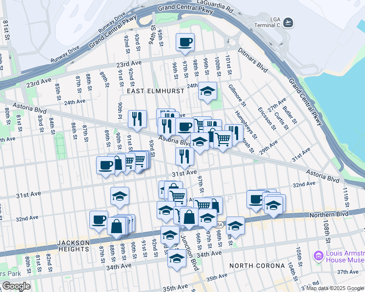 map of restaurants, bars, coffee shops, grocery stores, and more near 95-16 Astoria Boulevard in Queens