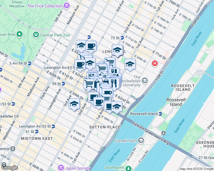 map of restaurants, bars, coffee shops, grocery stores, and more near 330 East 63rd Street in New York