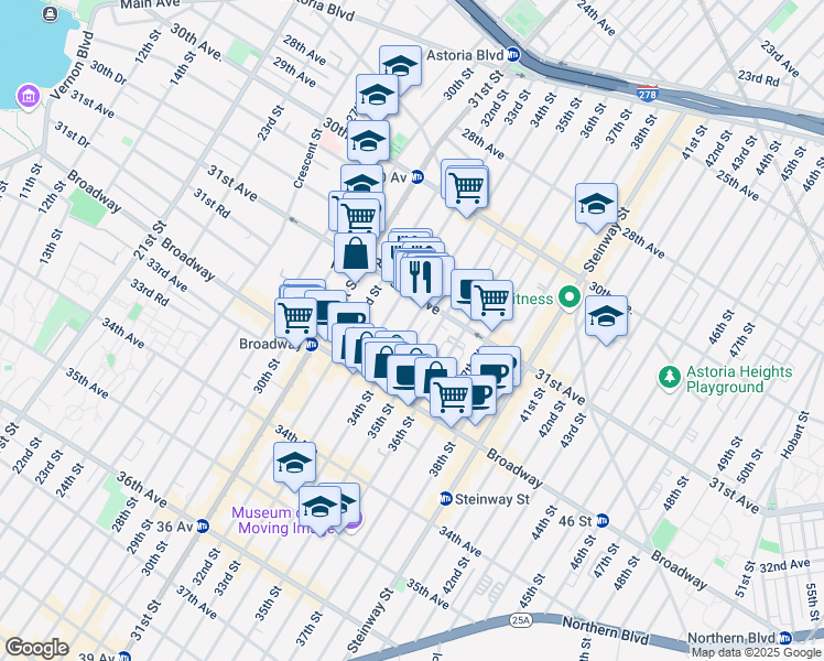 map of restaurants, bars, coffee shops, grocery stores, and more near 31-23 34th Street in Queens