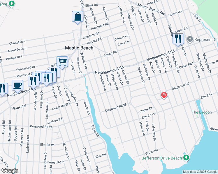 map of restaurants, bars, coffee shops, grocery stores, and more near 108 Daisy Drive in Mastic Beach
